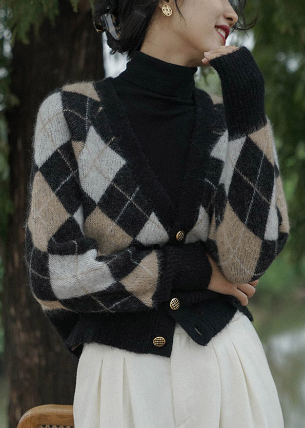 French Plaid V Neck Button Knit Coats Long Sleeve
