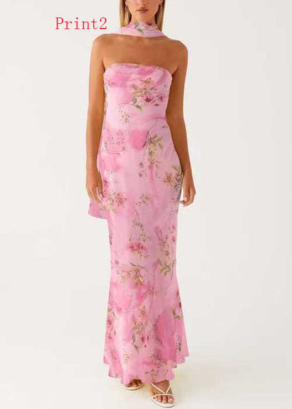 French Print Chiffon Strapless Maxi Dresses Sleeveless