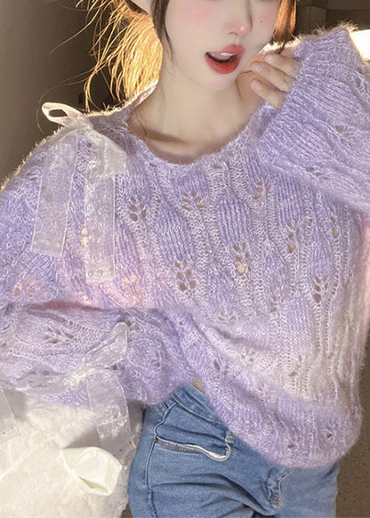 French Purple O Neck Bow Ma Hai Mao Knitted Sweaters Spring