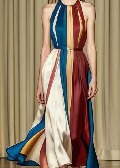 French Rainbow Cold Shoulder Patchwork Silk Vestidos Dresses Summer