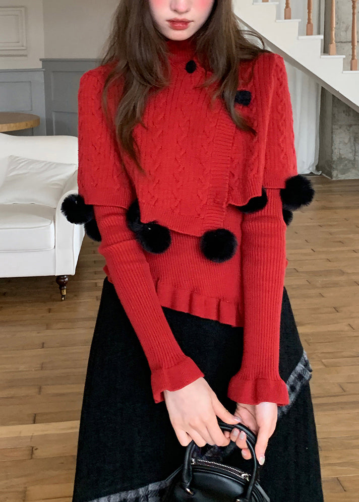 French Red Fuzzy Ball Decorated Cotton Knit Cloak and Sweaters Two-piece Set Spring