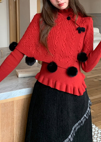 French Red Fuzzy Ball Decorated Cotton Knit Cloak and Sweaters Two-piece Set Spring
