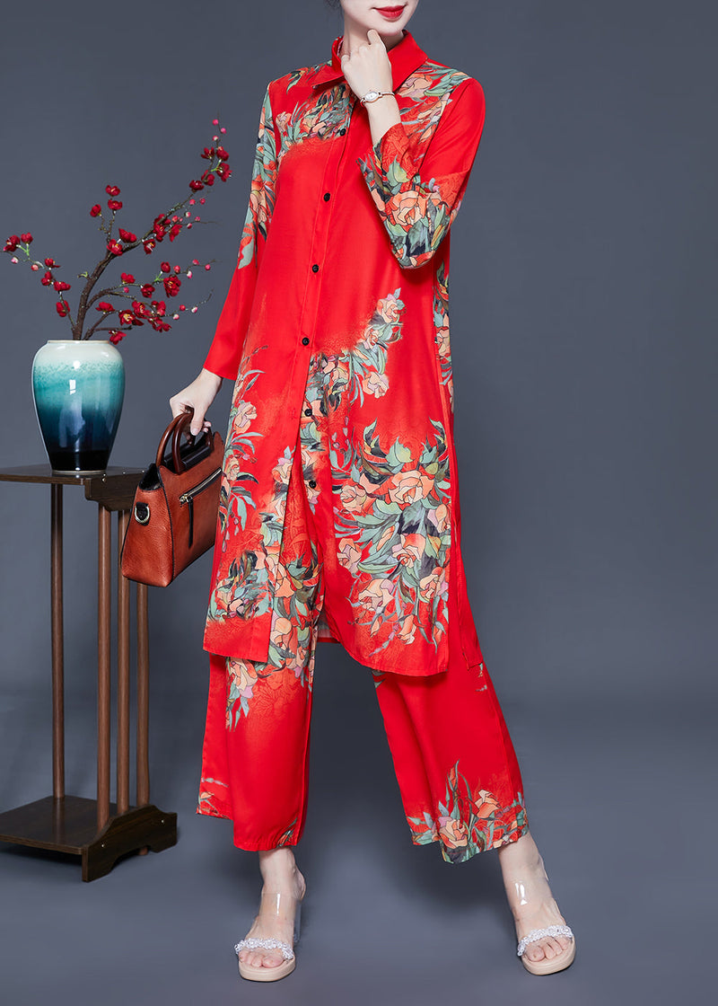 French Red Peter Pan Collar Print Chiffon Sets 2 Pieces Summer