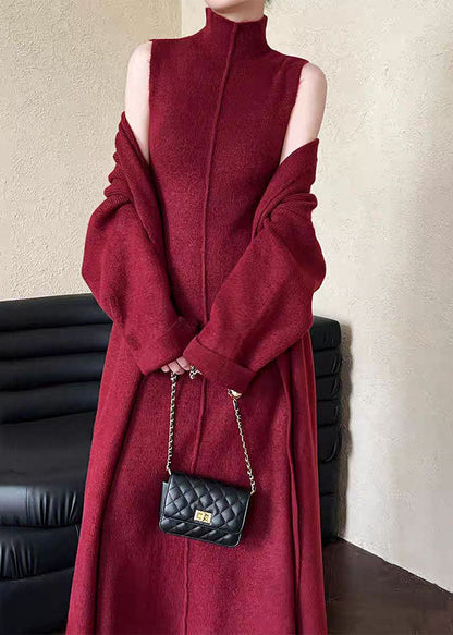 French Red V Neck Coat and Tank Dress Knit Two Pieces Set Spring