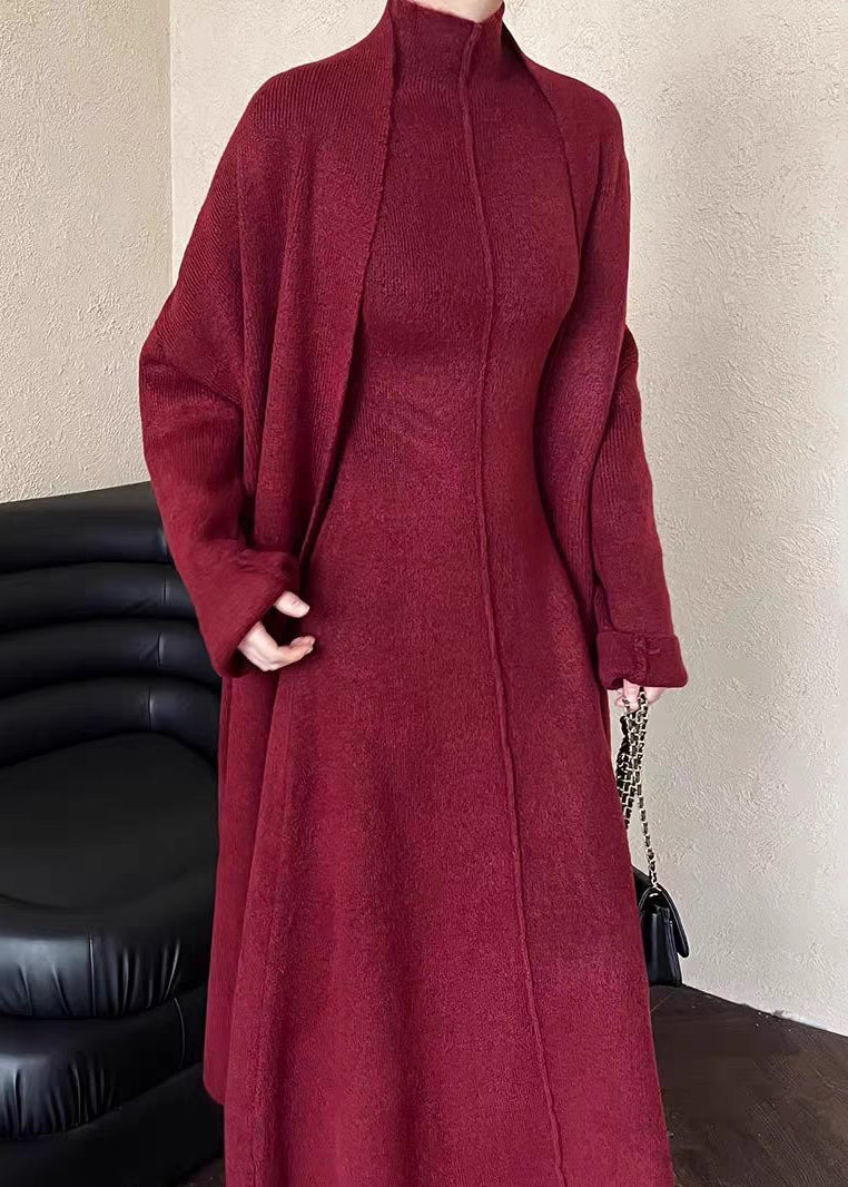French Red V Neck Coat and Tank Dress Knit Two Pieces Set Spring