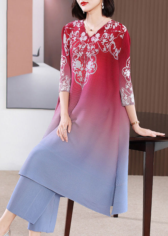 French Red V Neck Print Gradient Color a Line Dress Two Pieces Set Summer
