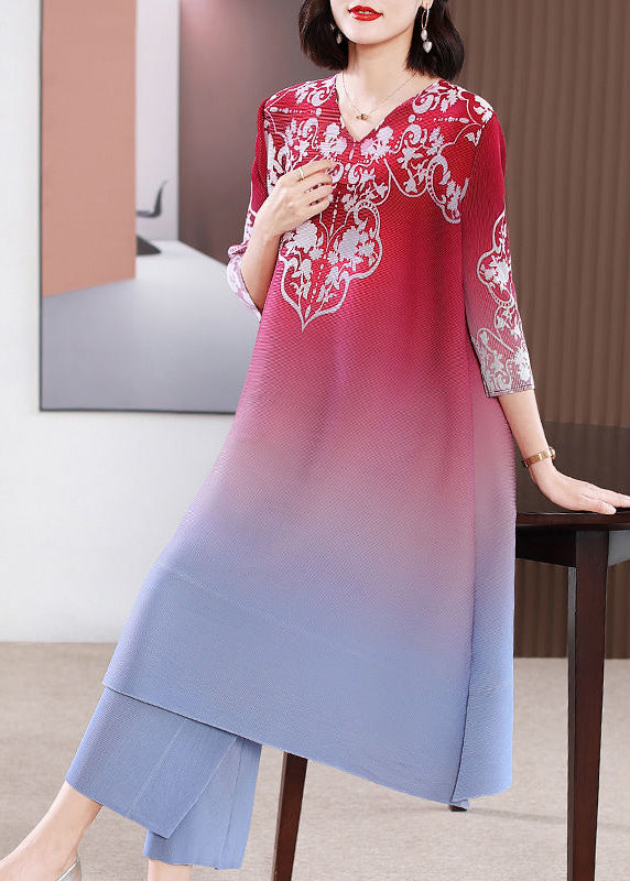 French Red V Neck Print Gradient Color a Line Dress Two Pieces Set Summer