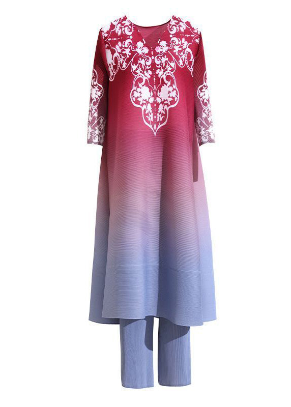 French Red V Neck Print Gradient Color a Line Dress Two Pieces Set Summer
