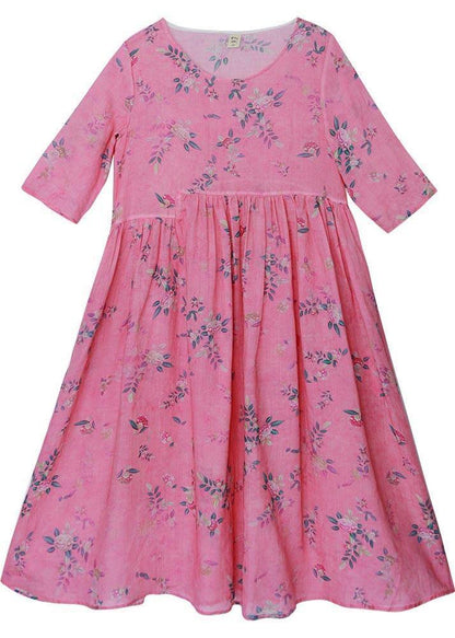 French Rose Print Cinched Pockets Maxi Summer Linen Dress