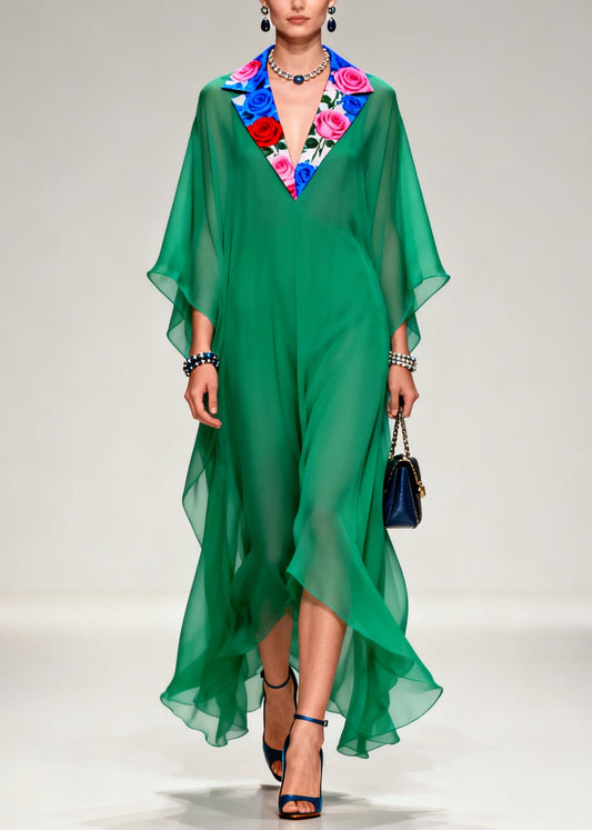 French Tea Green Notched Patchwork Chiffon Long Dresses Summer