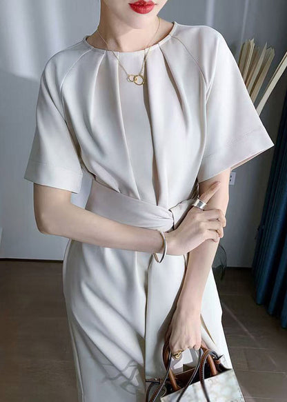 French Tie Waist Long Dress Short Sleeve