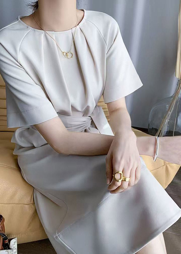 French Tie Waist Long Dress Short Sleeve