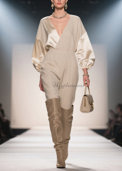French V Neck Patchwork Linen Silk Jumpsuits Spring
