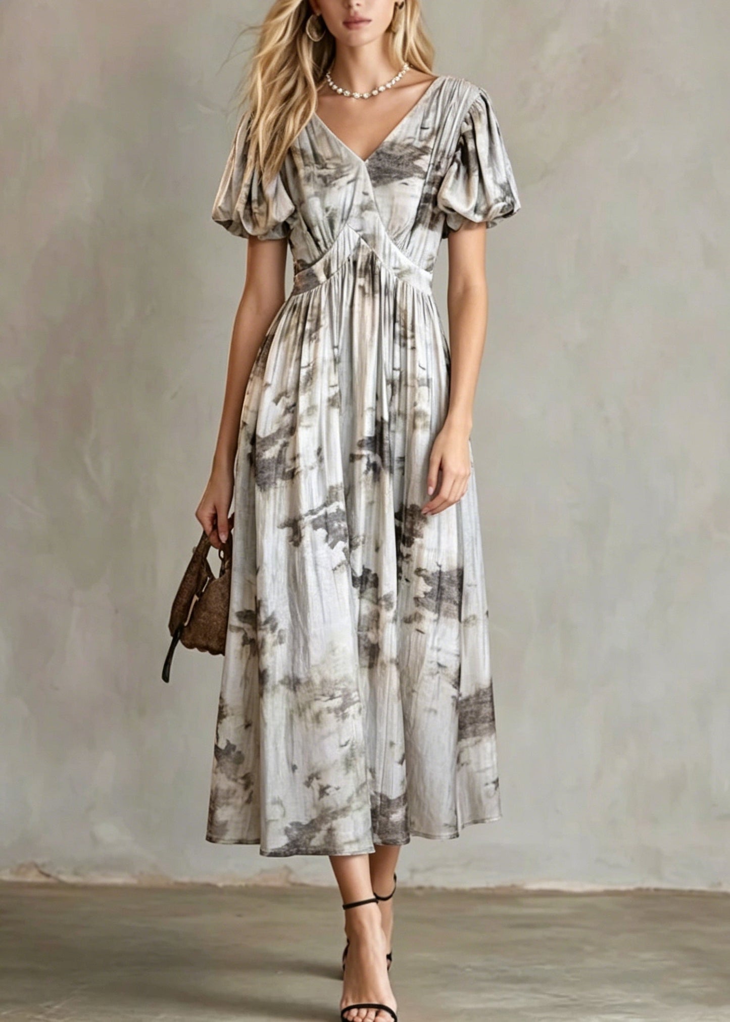 French V Neck Puff Sleeve Print Wrinkled Cotton Long Dress
