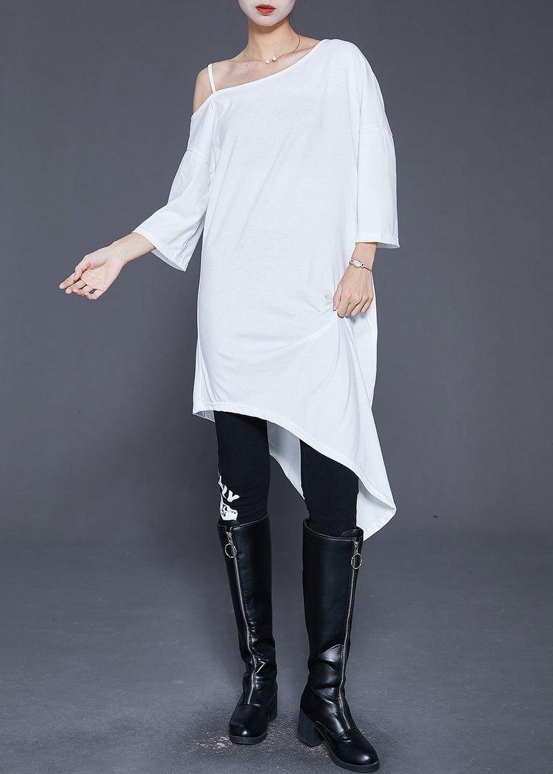 French White Asymmetrical One-shoulder Cotton Maxi Dress Summer