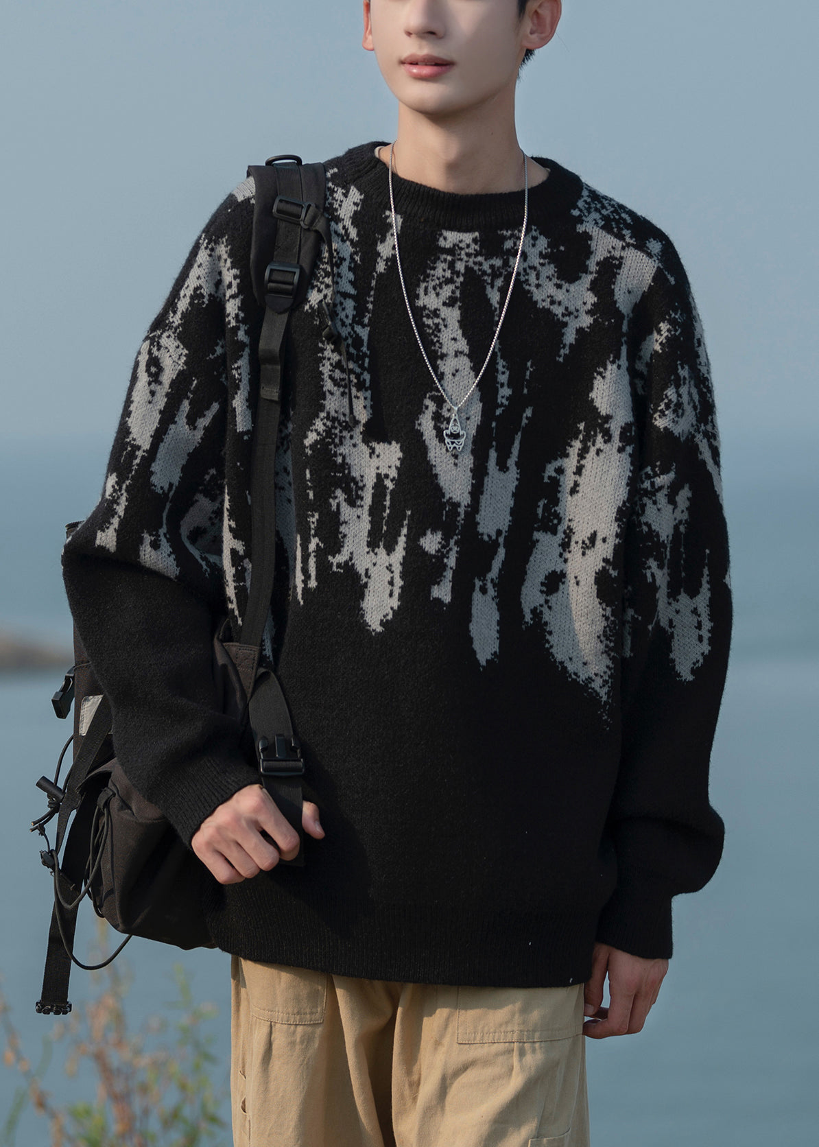 French White O Neck Geometric Knit Sweaters Fall