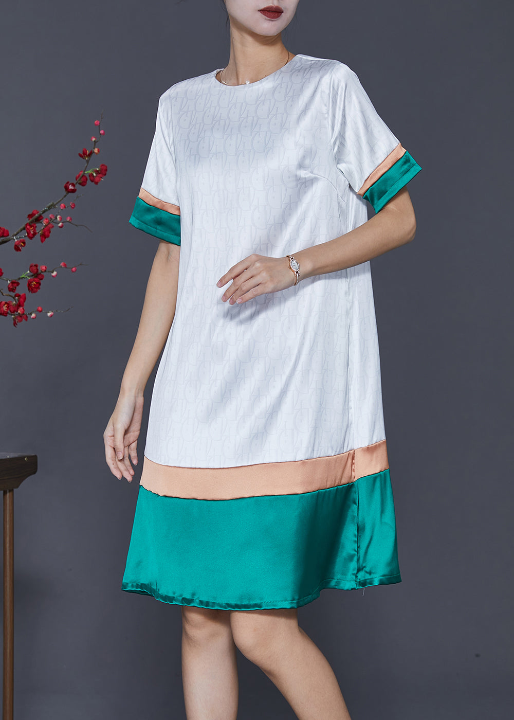 French White O-neck Patchwork Silk Dress Summer