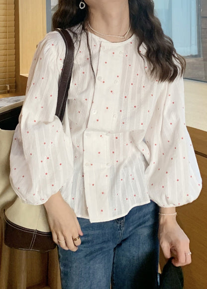 French White O-neck Print Button Cotton Shirts Lantern Sleeve