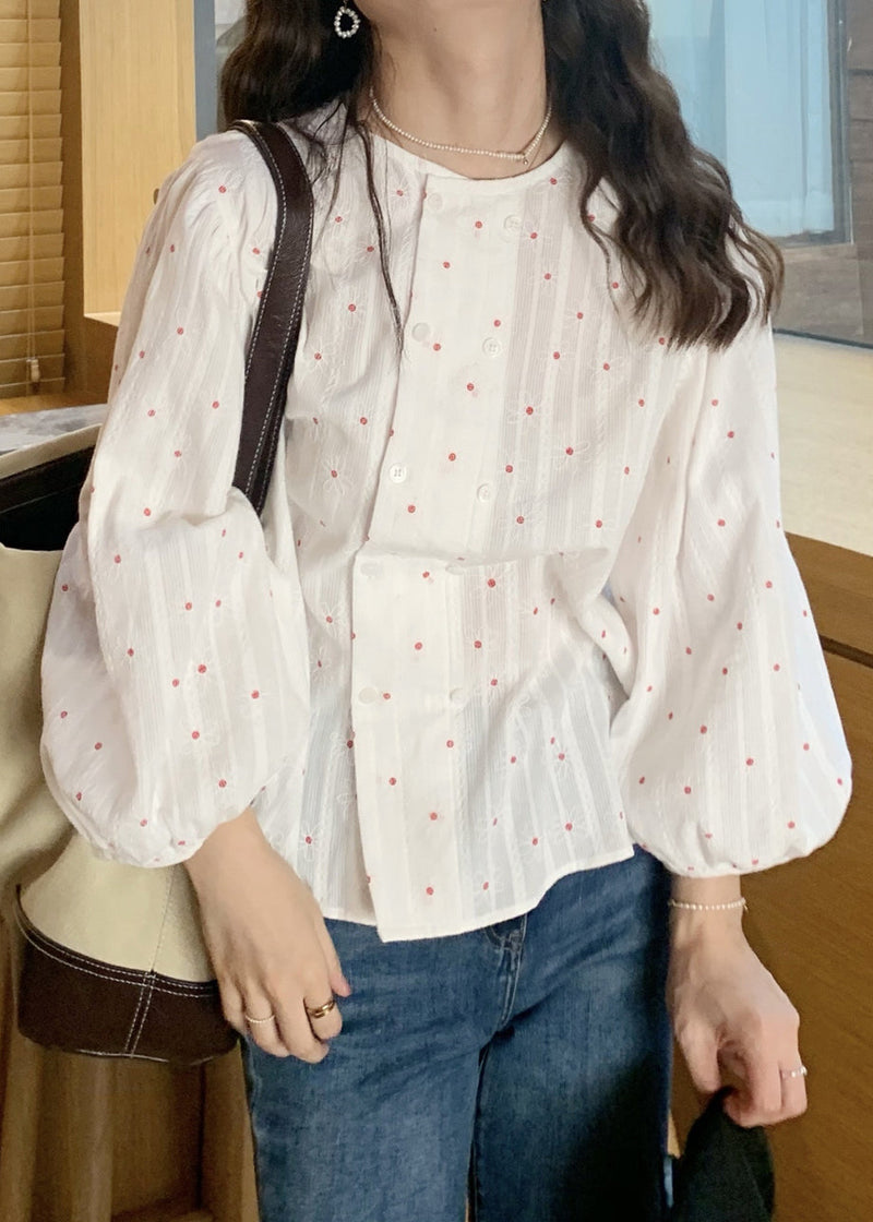 French White O-neck Print Button Cotton Shirts Lantern Sleeve