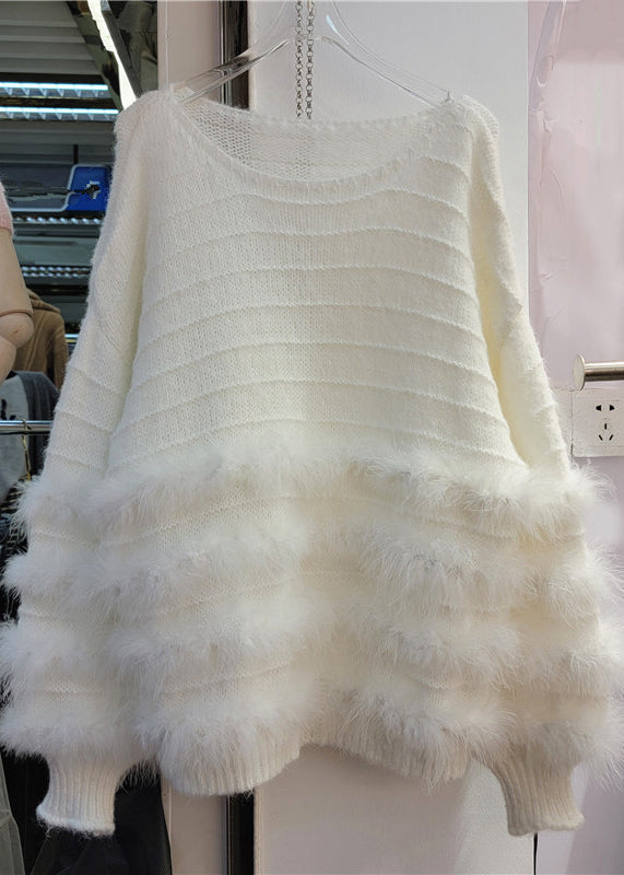 French White O-neck Rabbit Hair Cotton Knit Top Fall