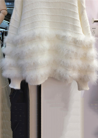 French White O-neck Rabbit Hair Cotton Knit Top Fall