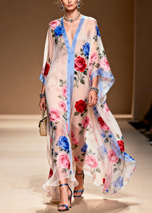 French White Oversized Print Chiffon Beach Dress Summer