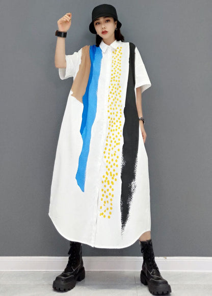 French White Peter Pan Collar Tie Dye Cotton a Line Dress Short Sleeve
