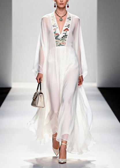 French White V Neck Print Chiffon Long Dresses Summer