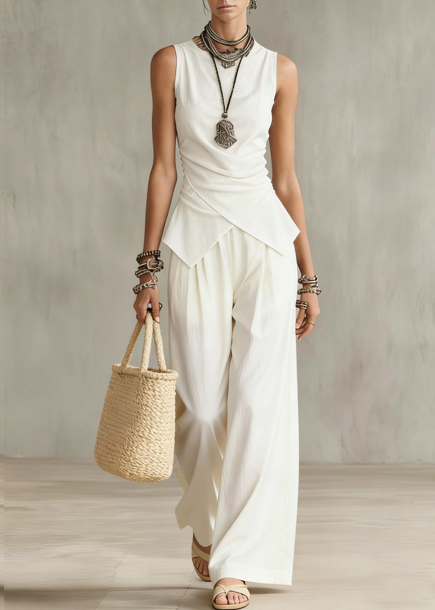French White Wrinkled Tops and Wide Leg Pants Cotton Two Pieces Set Sleeveless