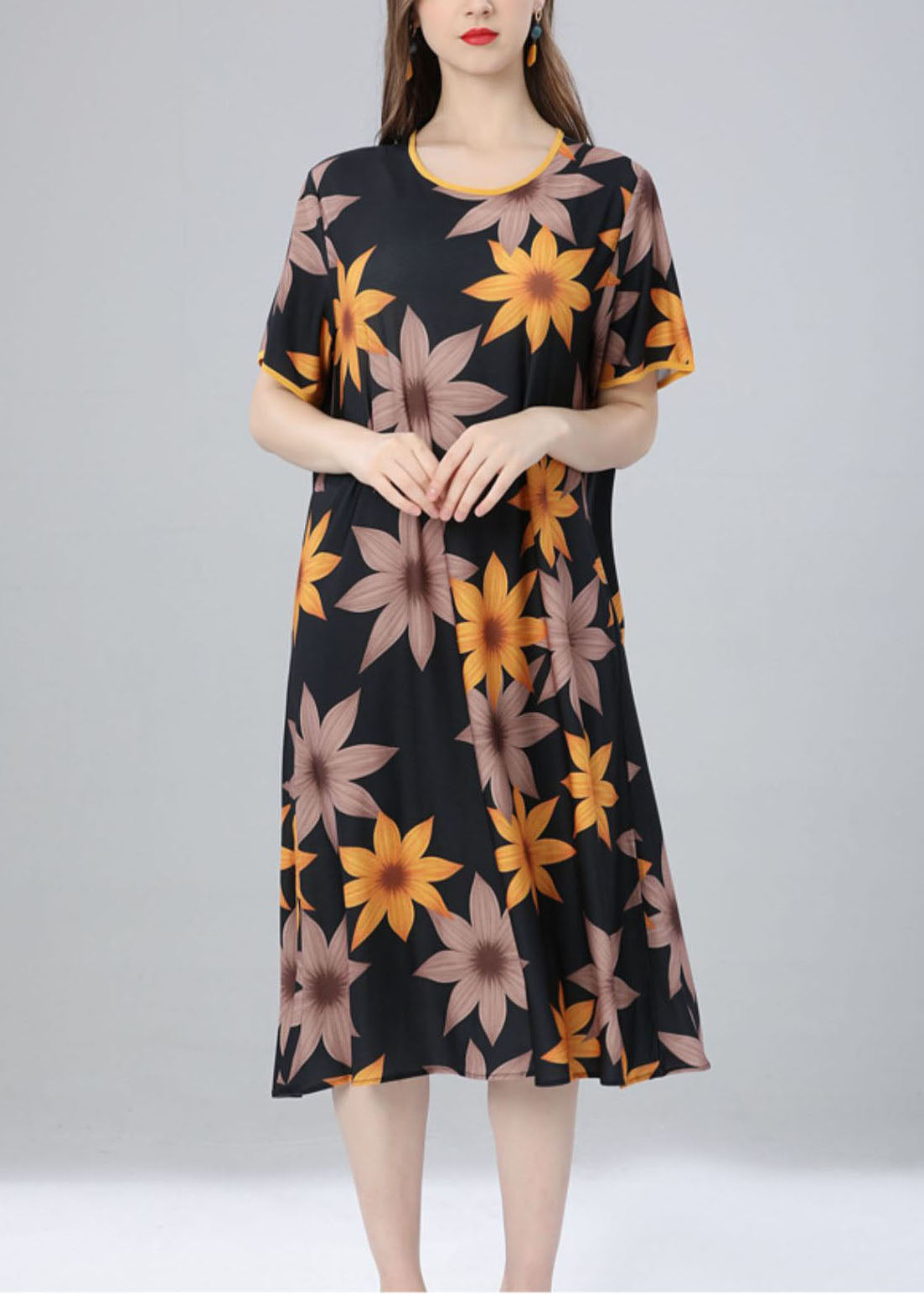 French Yellow O Neck Patchwork Cotton Dress Summer