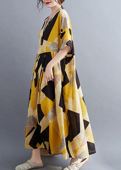 French Yellow O-neck Print Exra Large Hem Cotton Cinch Long Dress Short Sleeve