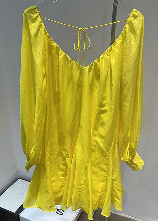 French Yellow V Neck Cotton Mid Dress Spring