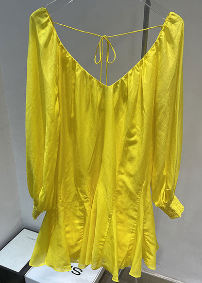 French Yellow V Neck Cotton Mid Dress Spring