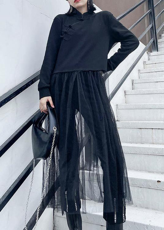 French Black Tunics Stand Collar Patchwork Tulle Spring Dresses