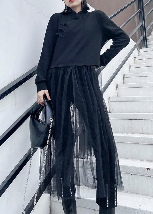 French Black Tunics Stand Collar Patchwork Tulle Spring Dresses