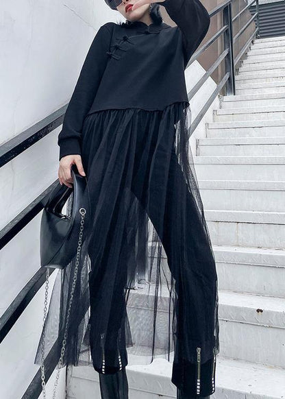 French Black Tunics Stand Collar Patchwork Tulle Spring Dresses