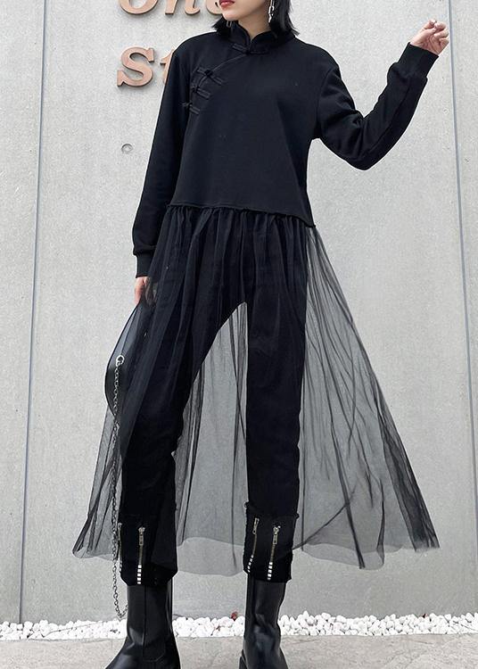 French Black Tunics Stand Collar Patchwork Tulle Spring Dresses