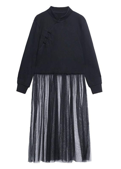 French Black Tunics Stand Collar Patchwork Tulle Spring Dresses
