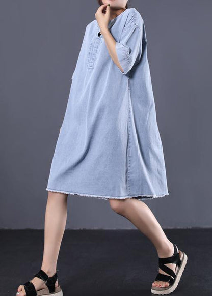 French Denim Blue Cotton Quilting Dresses V Neck Loose Summer Dress
