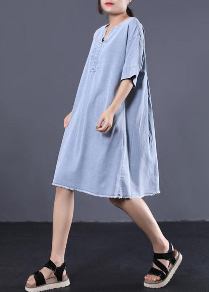 French Denim Blue Cotton Quilting Dresses V Neck Loose Summer Dress