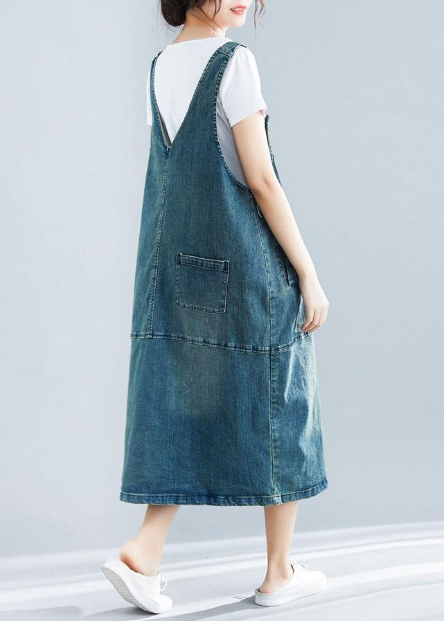 French Denim Blue Cotton Quilting Dresses Sleeveless Cotton Robes Summer Dress