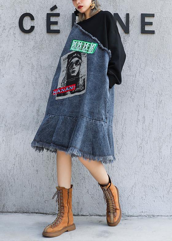 French O Neck Ruffles Cotton Tunic Dress Denim Blue Patchwork Black Dress