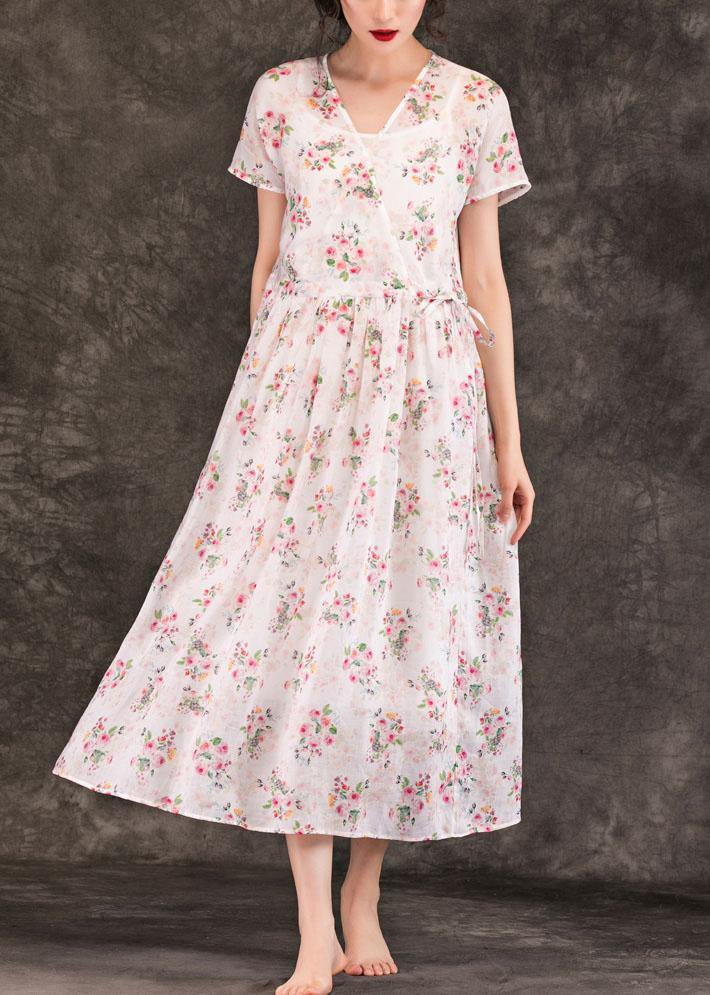 French V Neck Drawstring Linen Robes Tunic Tops Pink Print Dress Summer