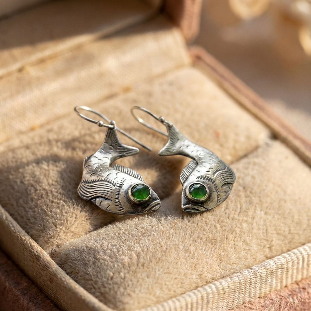 Vintage Fish Green Stone Earrings
