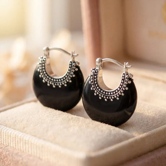 Vintage Black Onyx Hoop Earrings