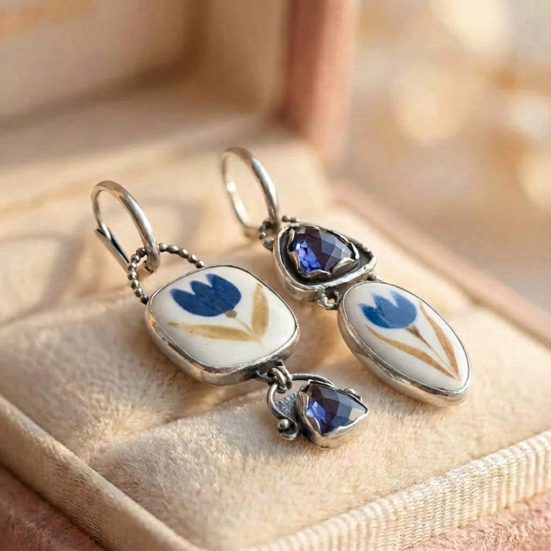 Vintage Flower Carving Blue Stone Dangle Silver Earrings