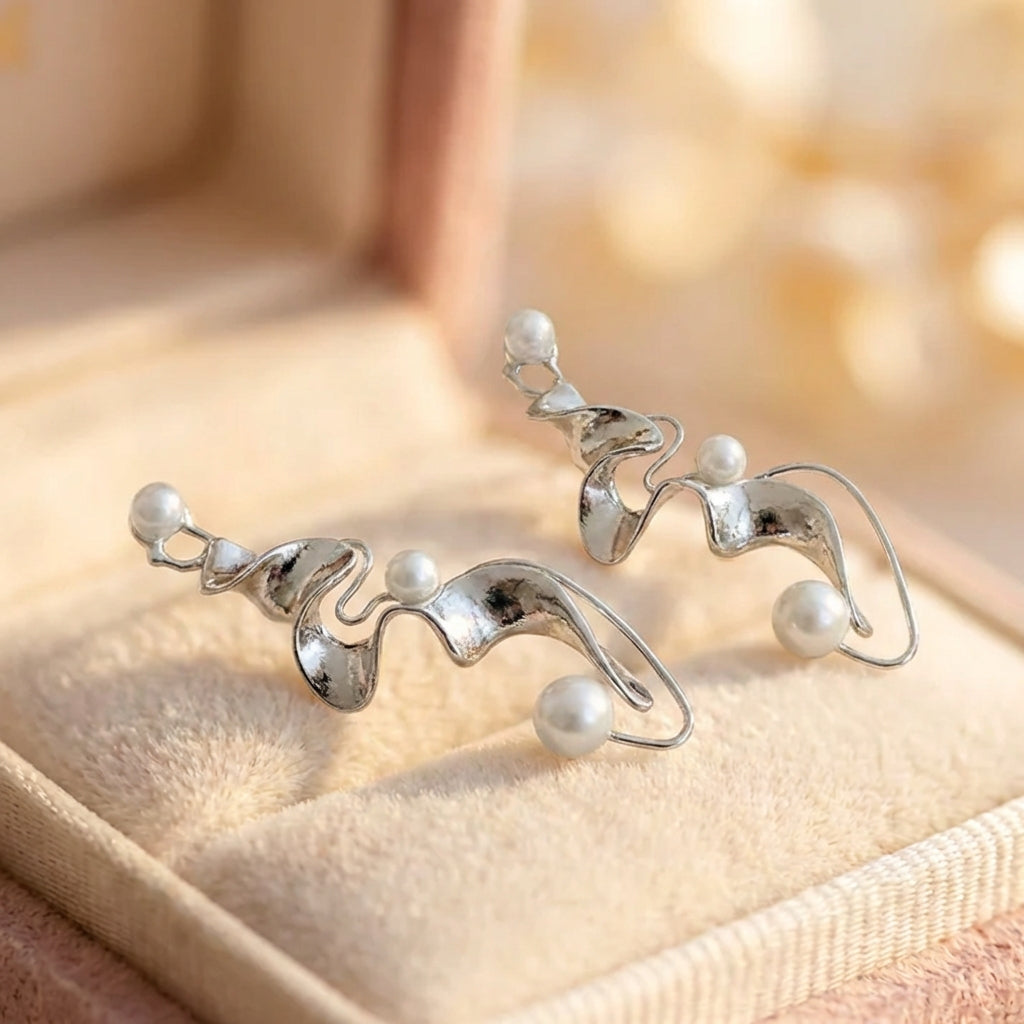 Vintage Pearl Abstract Silver Earrings
