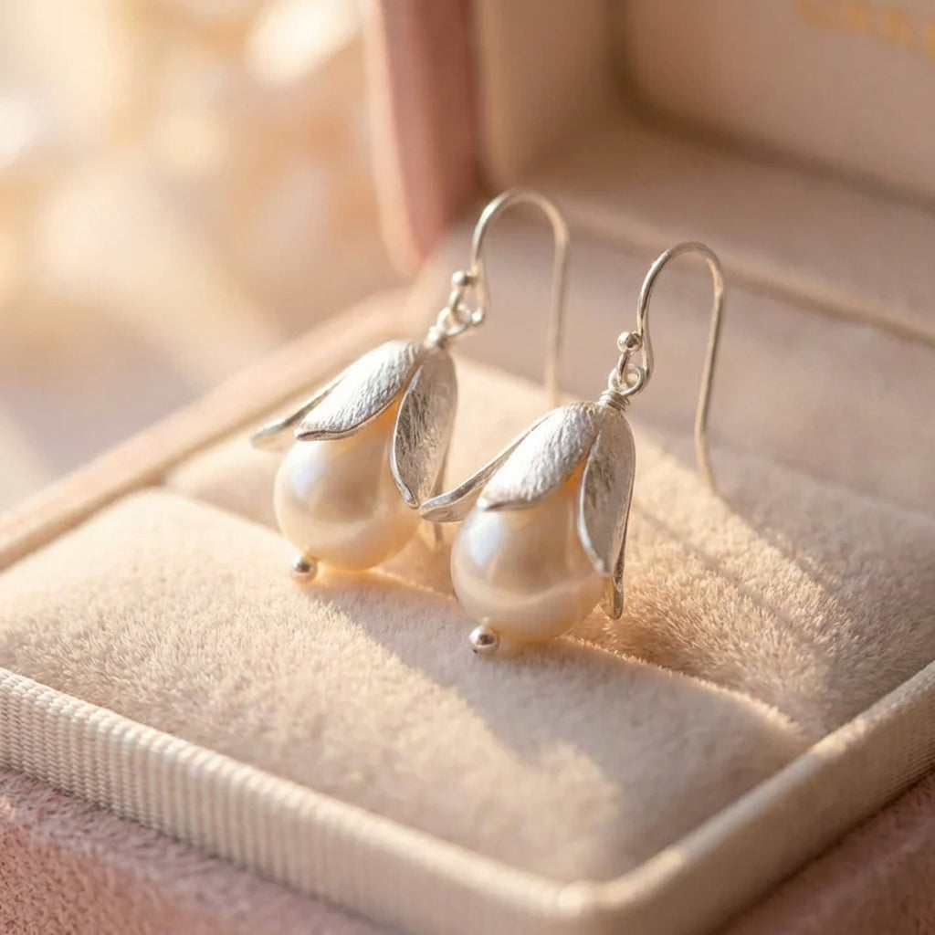Vintage Lotus Pearl Silver Earrings
