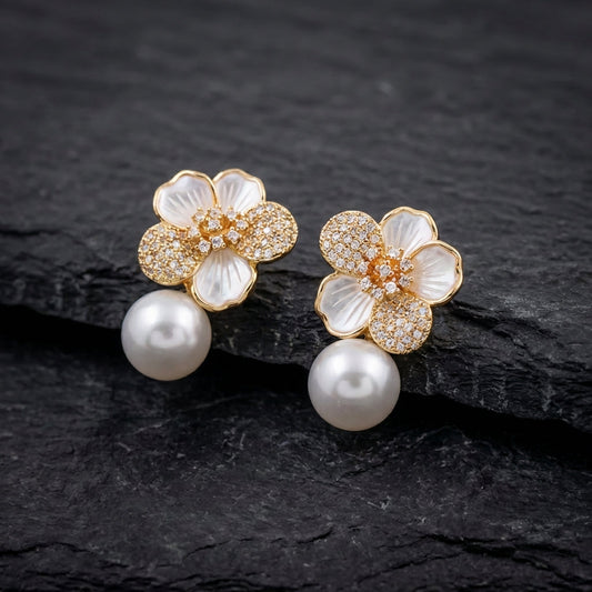 White Camellia Pearl Pendant Earrings