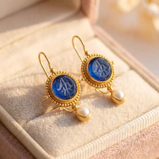 Vintage Blue Pearl Gold Earrings